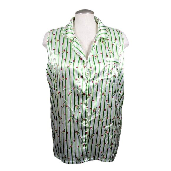 Womens Blouse Size XL Striped Sleeveless Floral Satiny Shiny Button Up Collared - Picture 1 of 6